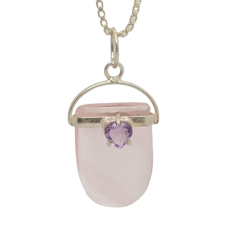 Custom Hand Crafted Heart Amethyst, Rose Quartz Sterling Silver Pendant 18"